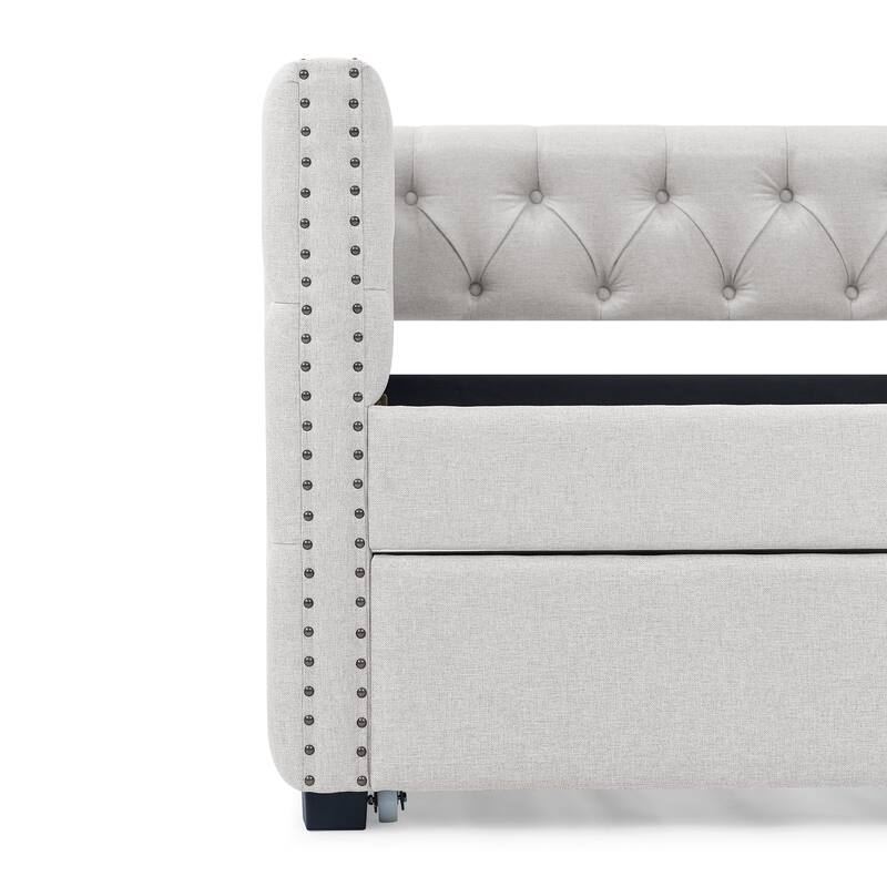 Tufted Daybed Upholstered Frame Sofa Bed with Button Copper Nail on Square Arms, and Pull-out Trundle Bed or Storage Drawers