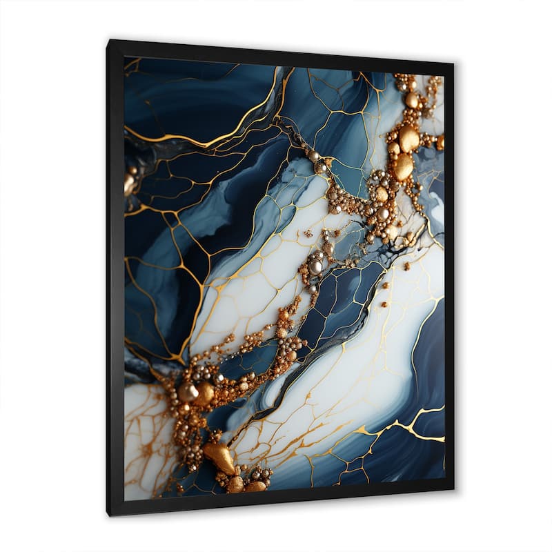 Designart "Gold And Blue Geode Art III" Abstract Liquid Ink Wall Decor Gold - Modern Living Room Framed Canvas Art