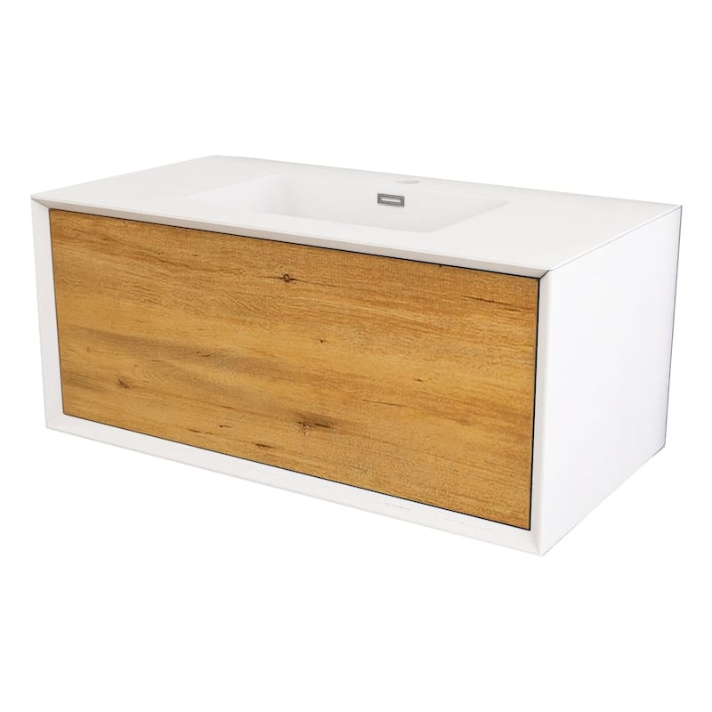 Wall-Mounted 1-drawer Bathroom Vanity Set in White and Oak with Integrated Solid Surface Sink