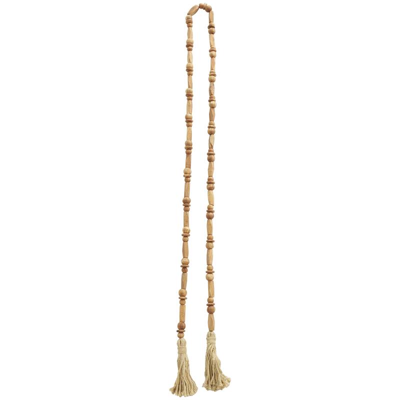 Mango Wood Handmade Rectangle Carved Geometric Long Beaded Garland with Tassel - Brown - Roche River Decor