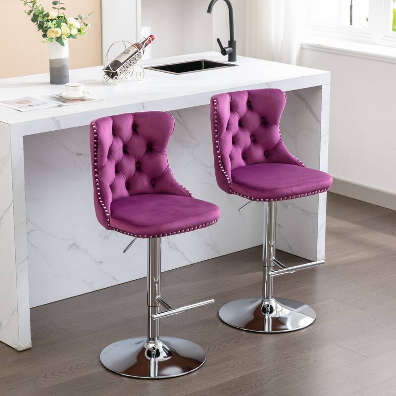 GDF Studio - Modern Upholstered Swivel Velvet Bar Stools with Adjustable Seat Height and Tufted Back (Set of 2)