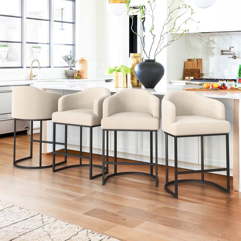 26.in Modern Set of 4 Barstool Fabric/Leather Upholstered Counter Height Stool with Metal Frame for Kitchen Island - Beige