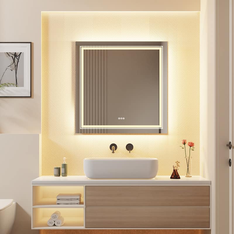 LED Bathroom Mirror with Dual Lights Backlit Mirror Square Anti-Fog - 36"x36"