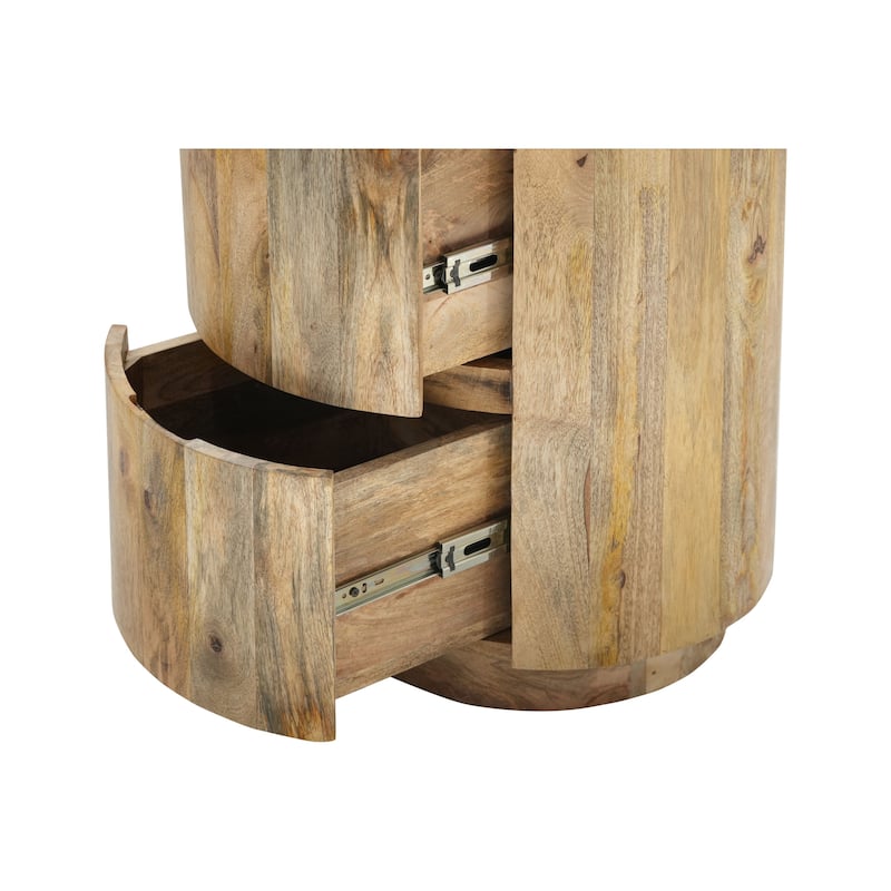 HomeRoots 24" Natural Solid Wood Round Drum End Table With Two Drawers - 18 in. x 24 in. x 18 in.