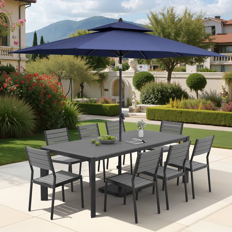 9/11-Piece Outdoor Dining Set Aluminum Table and Stackable Chairs w/10 ft Umbrella and Base