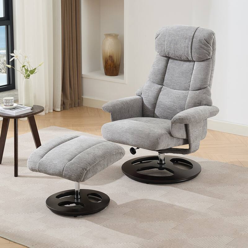 Recliner Chair with Ottoman, 360° Swivel Lounge Chair with Footstool, Chenille Fabric, Seat Heating & 140° Adjustable Backrest - Grey