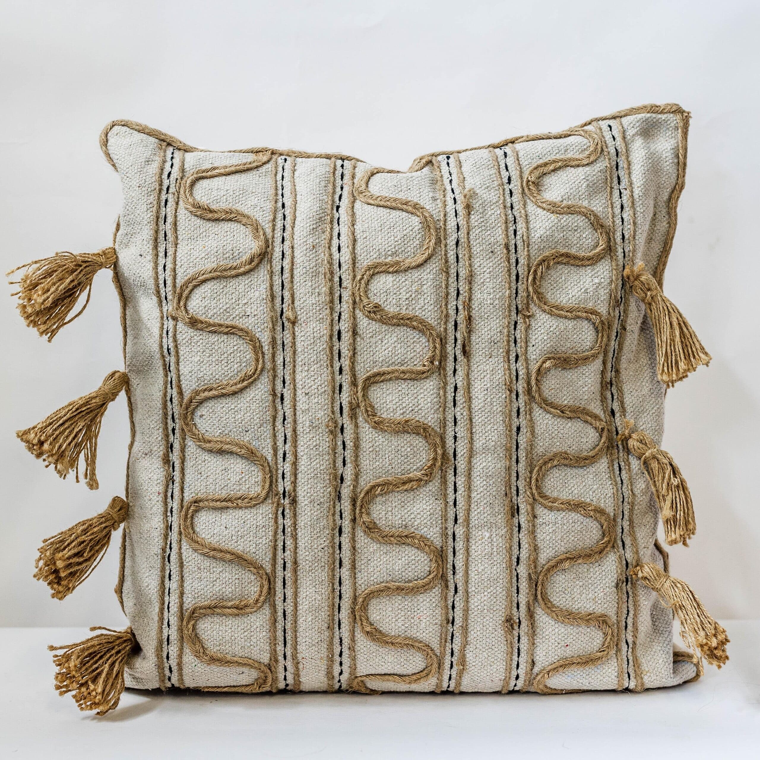 Beige With Sewn On With Jute Details And Tassels Cushion Cover