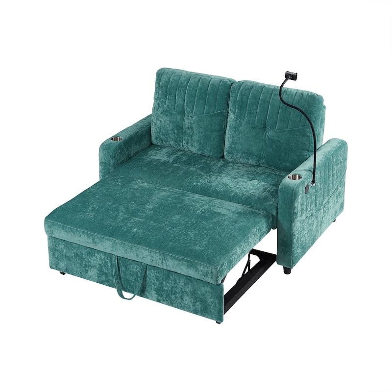 Chenille Loveseat Convertible Pull-out Sleeper Sofa Bed, Tufted Couch w2 Cup Holders Phone Holder & 3 USB Ports, Pockets