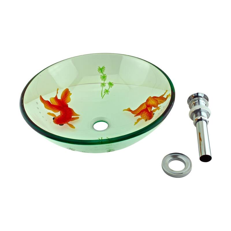 Countertop Vessel Sink 16.5" Round Koi FIsh Design Tempered Glass Bathroom Sink with Chrome Sink Drain Renovators Supply