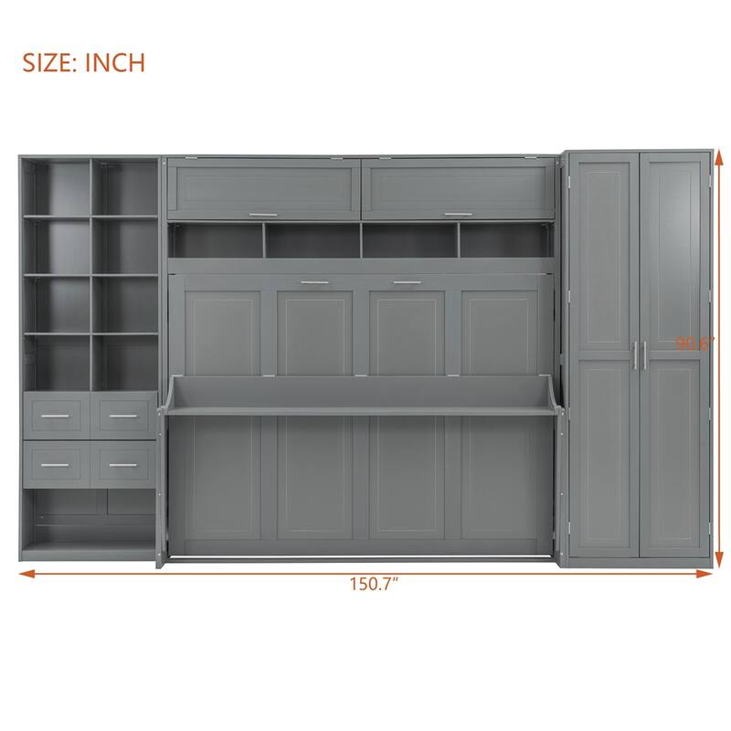 Queen Size Murphy Bed Wall Bed with Closet ,Drawers and Shelves