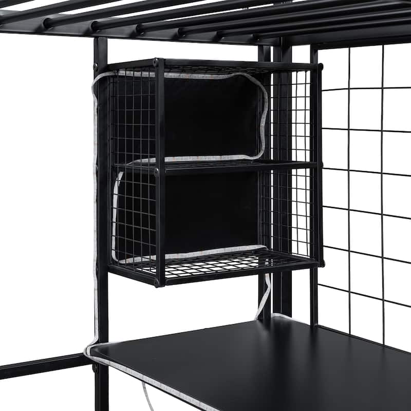 Full Size Metal Loft Bed With Built-In Work Station, Wardrobe, Storage Staircase And LED