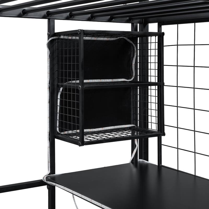 Metal High Loft Bed Frame with Guardrail, Full Size LED Loftbed with Built-in Work Station, Storage Staircase and Wardrobe