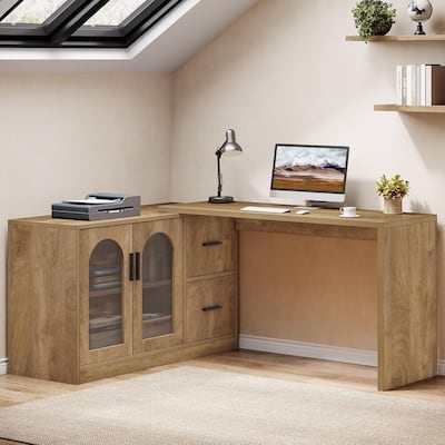 L-Shaped Computer Desk with File Drawers, Reversible Corner Office Desk with Storage Cabinet for Home Office