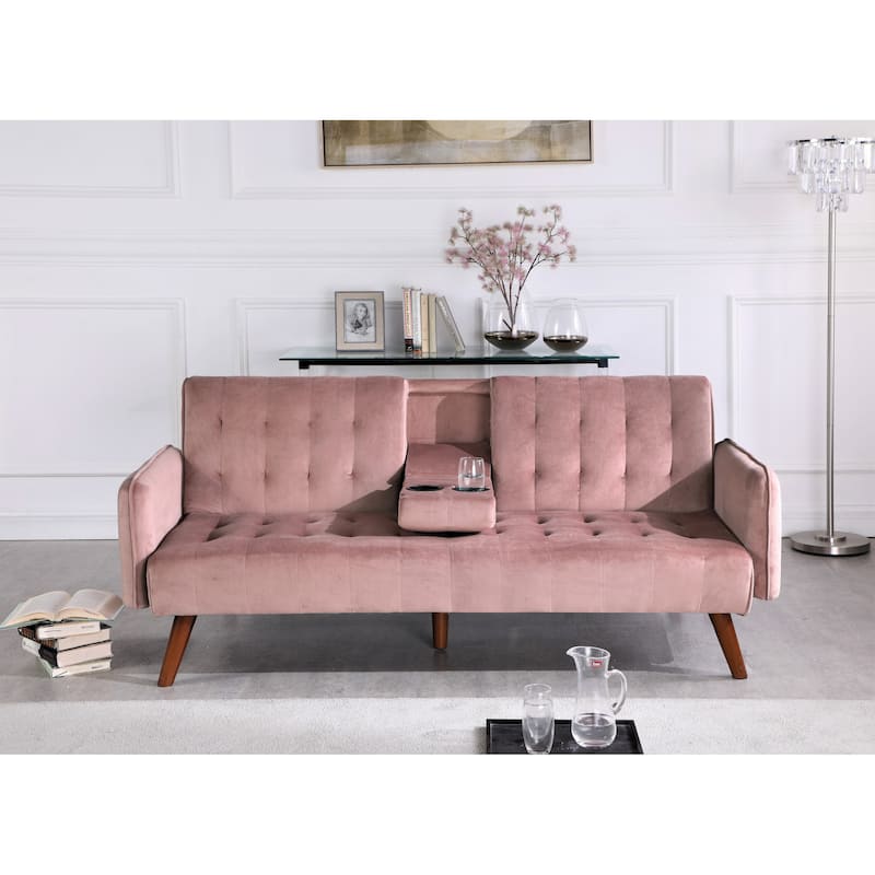 Container Furniture Tufted Convertible Velvet Sofa Bed with Cup Holder