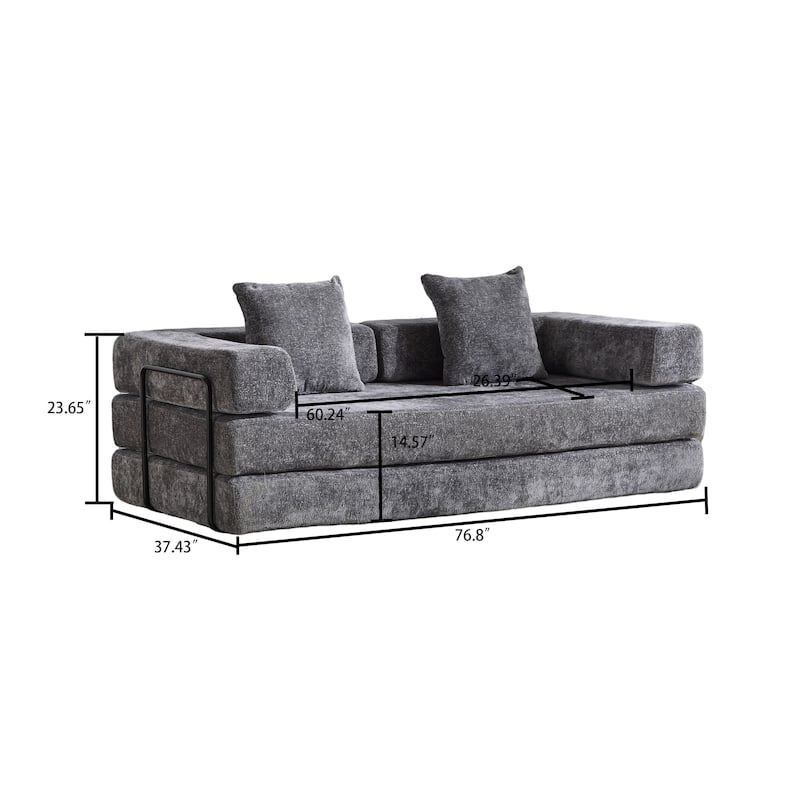 Modern Minimalist Compressed Upholstered Convertible Two-Seater Sofa Bed with External Metal Frame