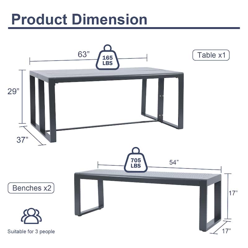 Aoodor 3-Piece Outdoor Patio Dining Set, Aluminum Furniture Set with 1 Rectangular Picnic Table and 2 Benches - N/A