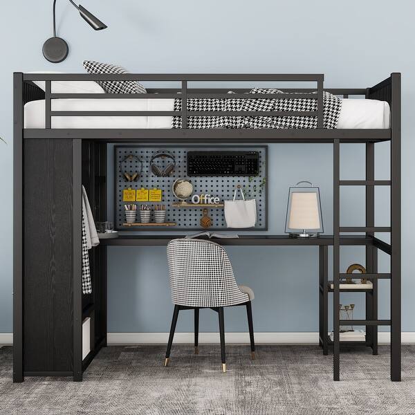 slide 2 of 10, Twin XL Size Loft Bed with Desk, Wardrobe, Metal Frame & Shelves, Black Black