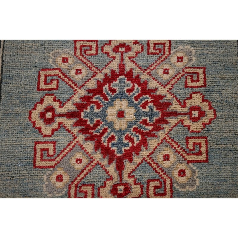 Geometric Kazak Oriental Runner Rug Hand-Knotted Blue Wool Carpet - 2'3" x 13'2"