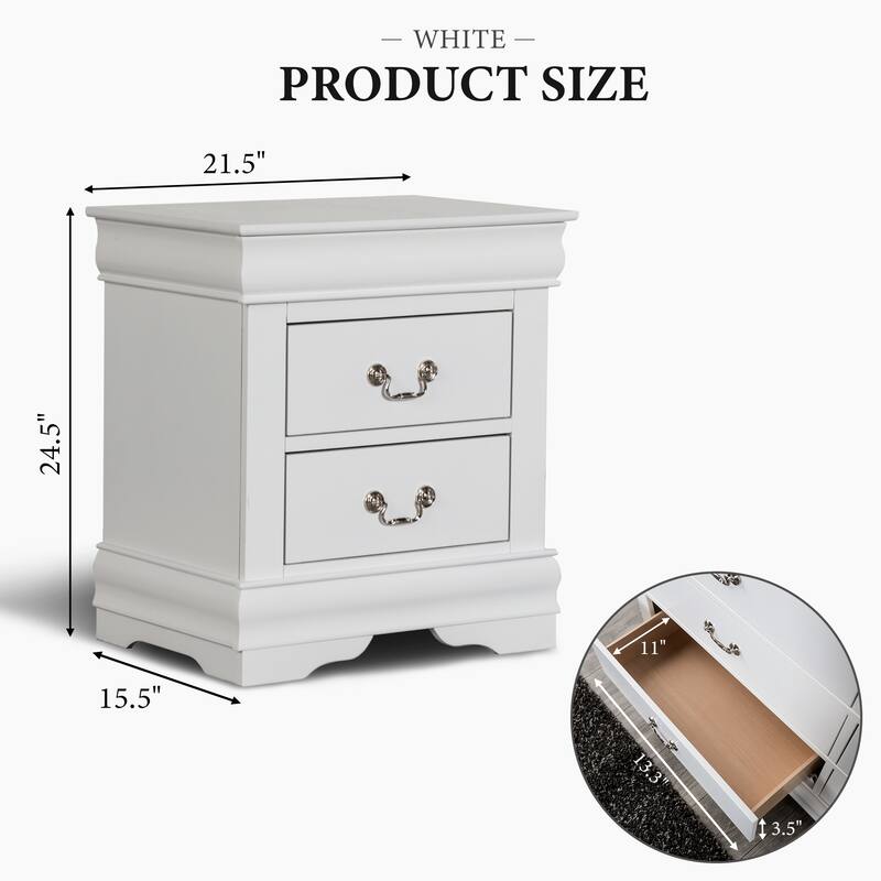 Rossetta Transitional Antique Elegant Style 2-Drawer Nightstand with Solid Wood Legs and Smooth Glides