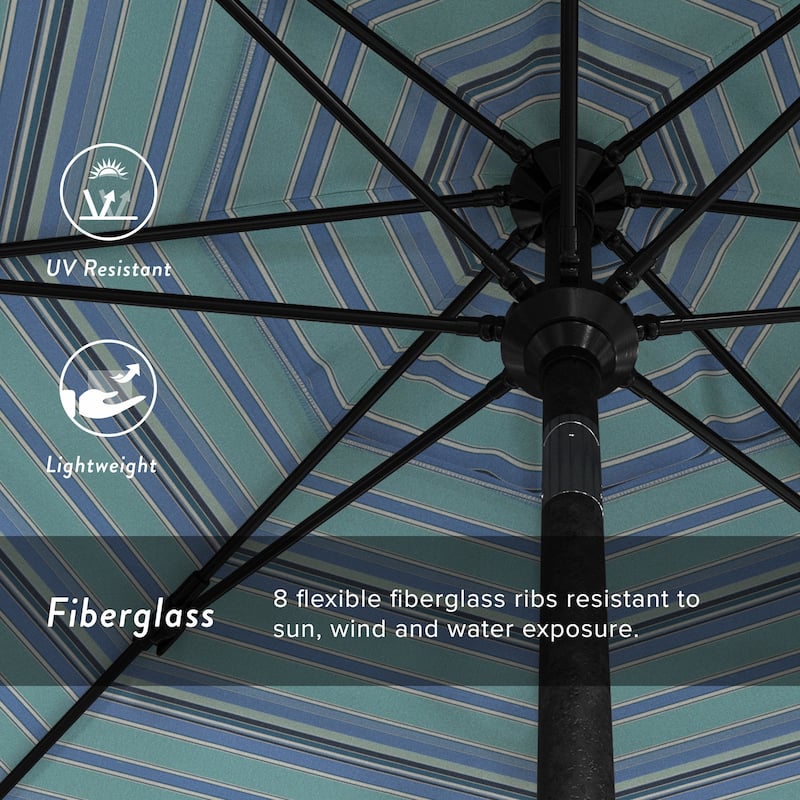California Umbrella 9' Rd Patio Umbrella Black Aluminum Frame Fiberglass Ribs Crank Lift Collar Tilt, Sunbrella Cilantro