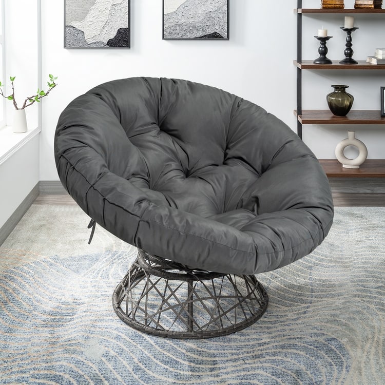 Wicker Papasan Chair with Oversized Cushion & Swivel Base – Indoor Round Lounge Chair for Bedroom, Living Room, or Covered Patio