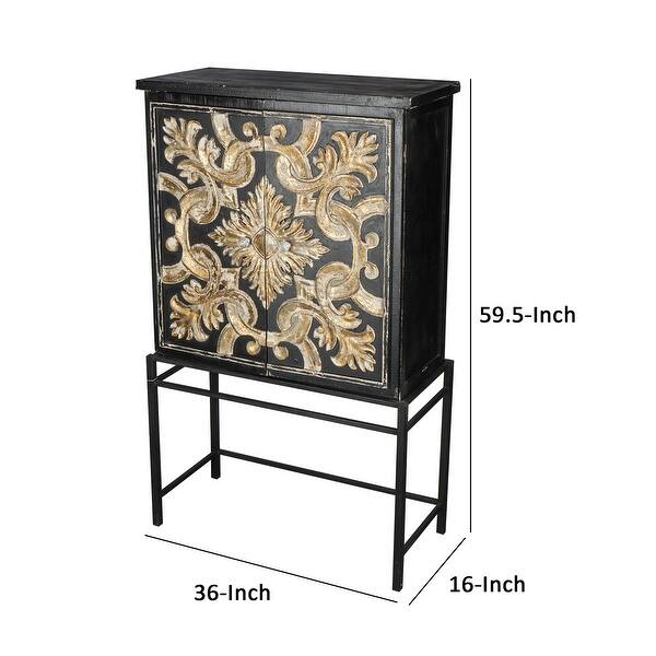 60 Inch 2 Door Accent Gold Scrollwork, Sleek Metal Stand
