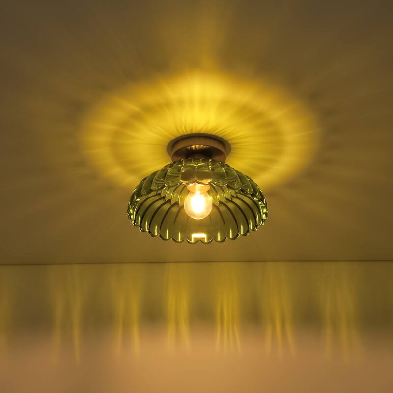 1-Light Vintage Brass Finish Metal Semi-Flush Mount Ceiling Light with Amber/Green/Grey/Clear Glass Shade for Kitchen, Hallway