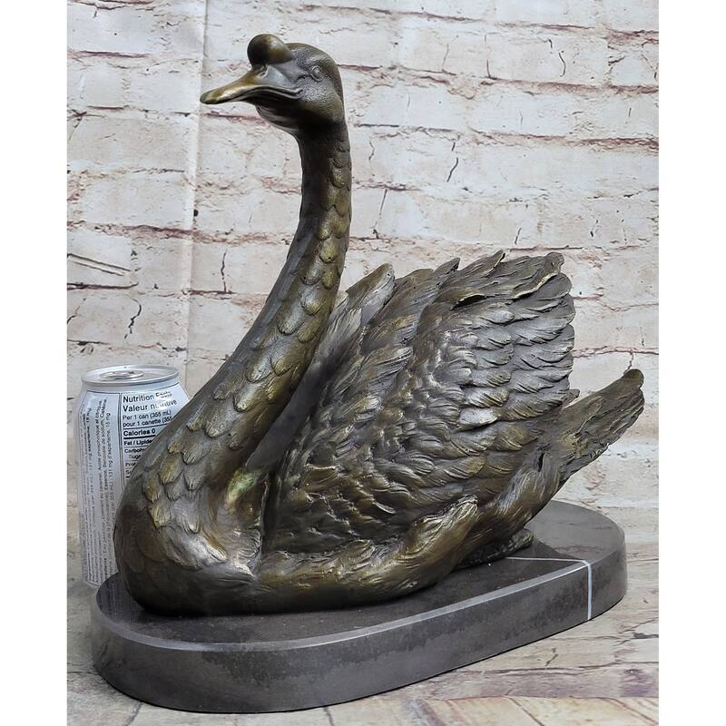 Bronze Metal Swan Bird Sculpture Statue Figure Decor On Marble Base Signed Original