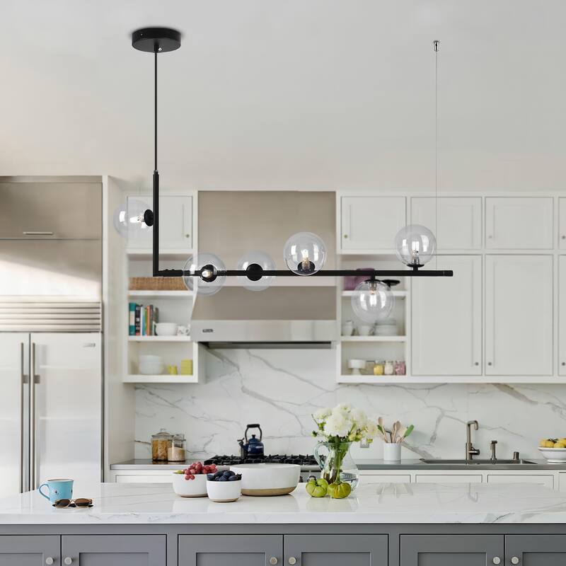 6-Light Modern Black/Gold Linear Sputnik Clear Glass Globe Bubble Chandelier for Kitchen Island