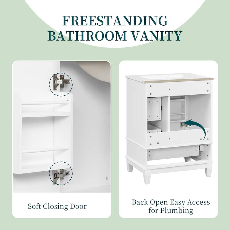 24" Bathroom Vanity with Sink, Freestanding Cabinet with Drawers and Shelves, Ceramic Top, MDF and Solid Wood
