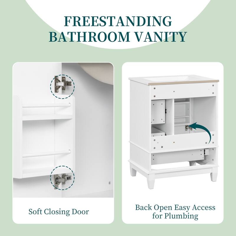 24" Freestanding Bathroom Vanity with Sink - Ceramic Top, Drawers & Shelves, MDF & Solid Wood Base, for Small Bathrooms