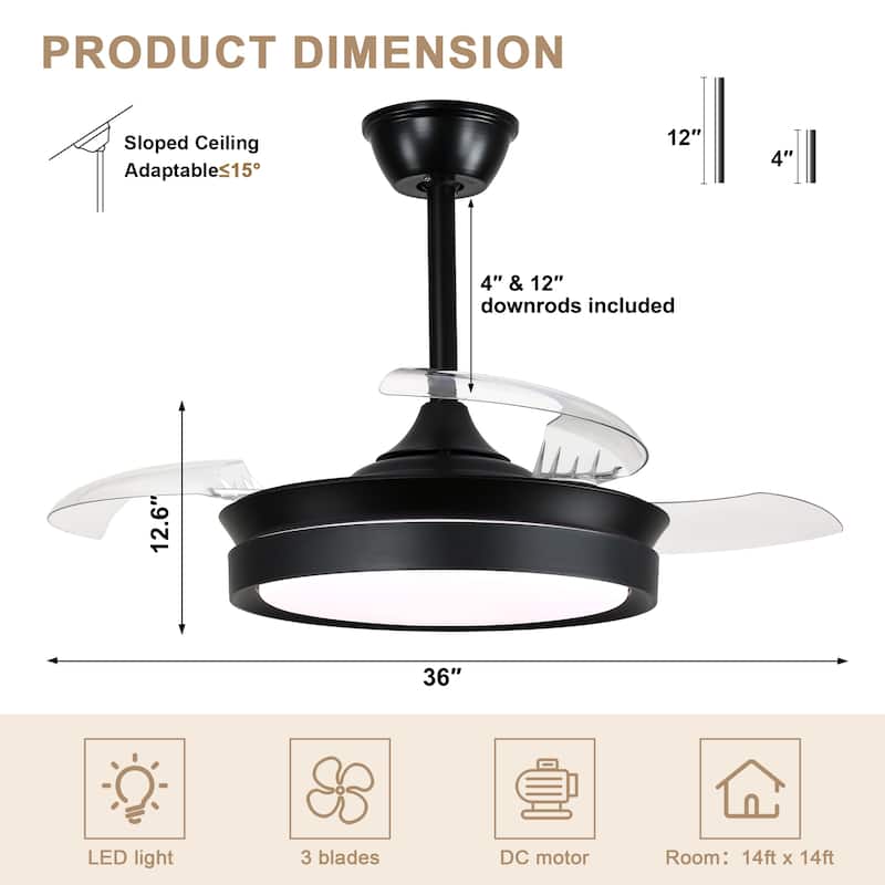 Bella Depot 36" Modern Retractable Ceiling Fan with Dimmable Led Light and Remote, 6-Speed Reversible DC Motor