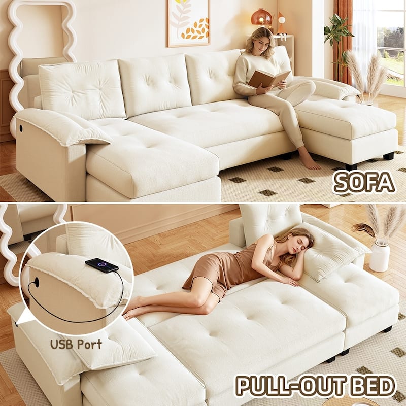 104.7" U-Shaped Sleeper Sofa, Convertible Sectional Couch with Pull-Out Bed, Removable Armrests, USB Ports & Chaise Lounge