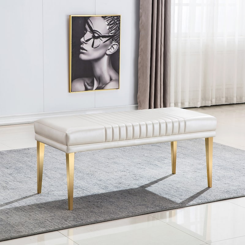 Modern Luxury Upholstered Bench Dining Room Channel Ottoman with Gold Stainless Steel Legs
