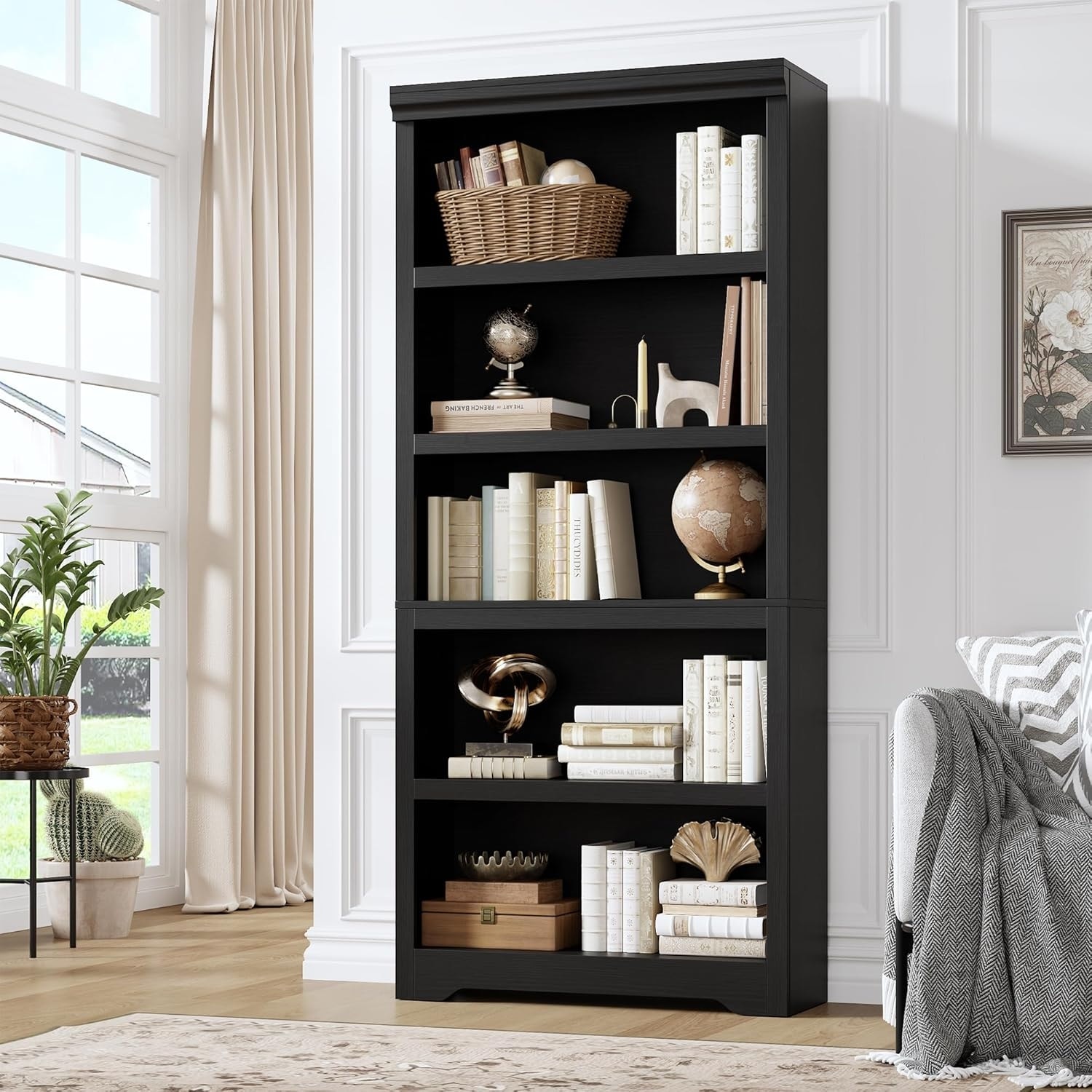 Farmhouse Bookcase with Adjustable Shelves, Floor Standing Open Display Storage Rack, Anti-Slip Design