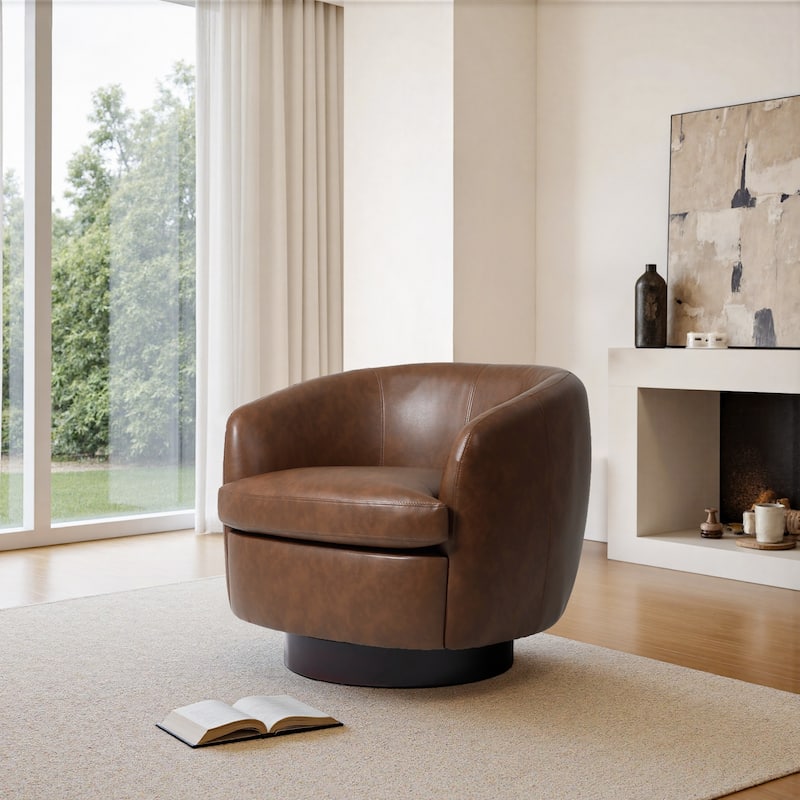 Leather Upholstered Swivel Barrel Accent Chair With Wood Base