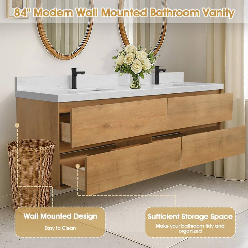 Sylphar 84 in. Toffee Oak Bath Vanity with Undermount Sink, 3 Top Options