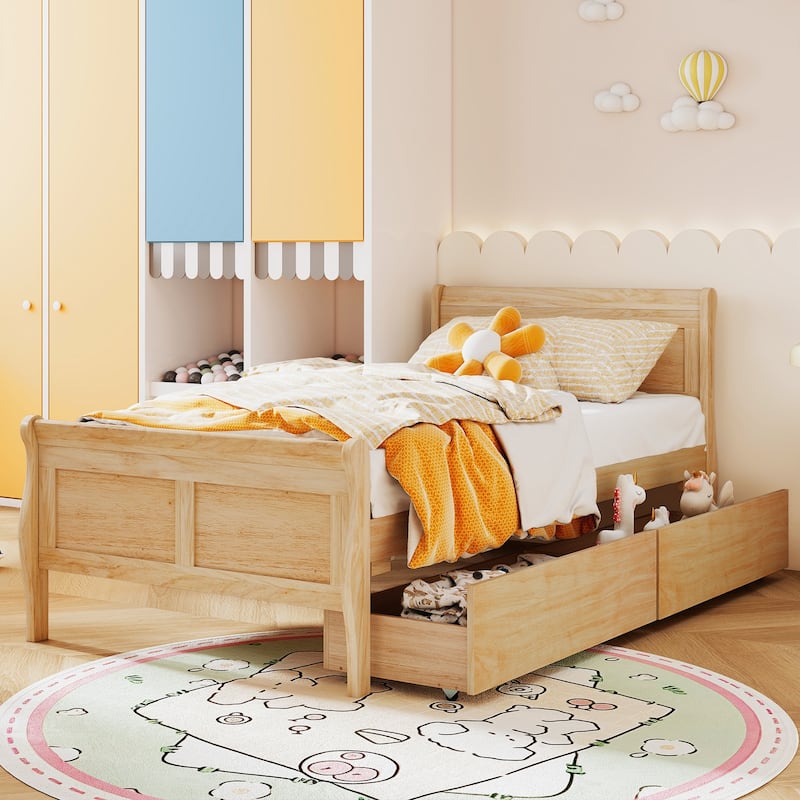 Twin Size Wooden Sleigh Platform Bed with 2 Under-Bed Drawers Included Headboard and Footboard