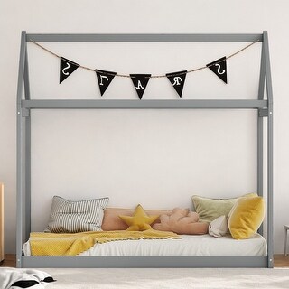 Wooden Twin Size Wooden House-Shaped Kids Bed Frame, Flush Hardware for Easy Cleaning, Sturdy & Durable, Easy Assembly, Grey