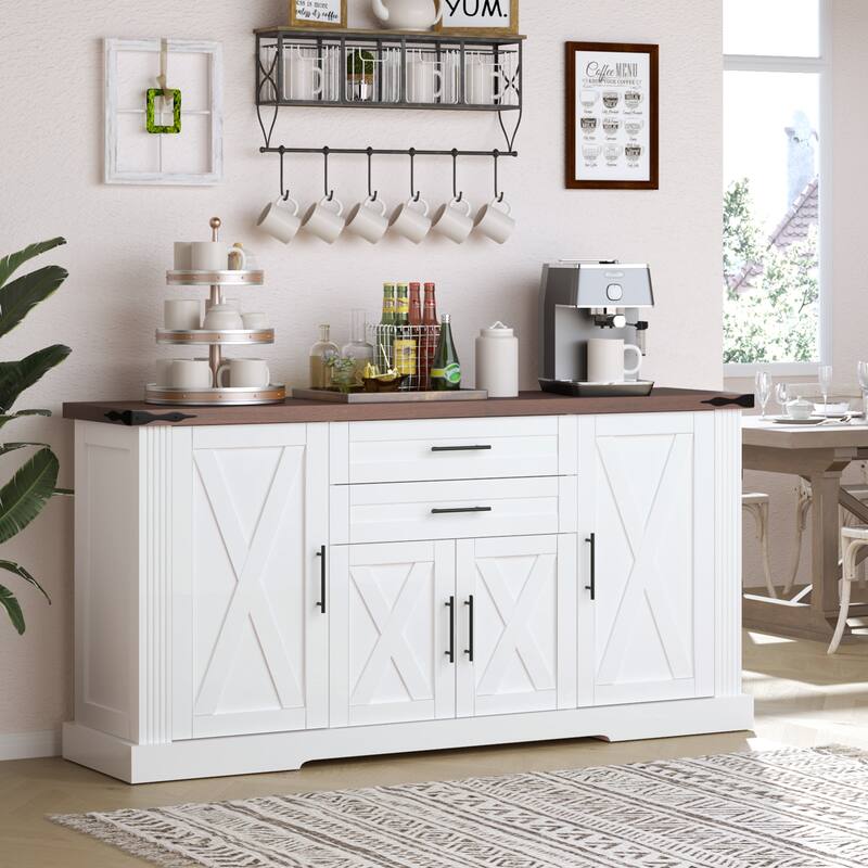 63" Barn Door Storage Cabinet with 2 Drawers & Door Rack, Large Buffet Table Coffee Bar Cabinets with Adjustable Shelves - White
