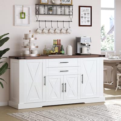 63"Barn Door Storage Cabinet with 2 Drawers & Door Rack, Large Buffet Table Coffee Bar Cabinets with Adjustable Shelves