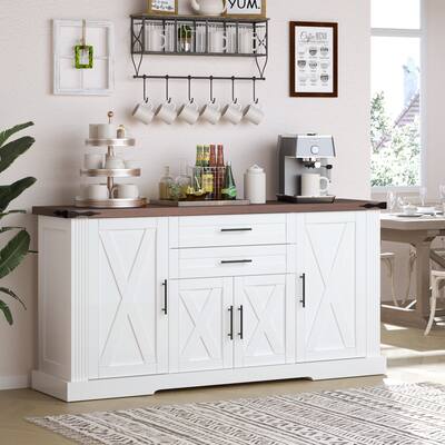 Farmhouse Barn Door Buffet Cabinet with 2 Drawers and Door Rack