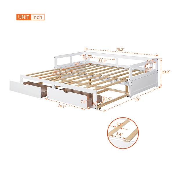 Twin to King Extendable Wooden Daybed with Trundle and Dual Storage Drawers, Solid Wood Frame