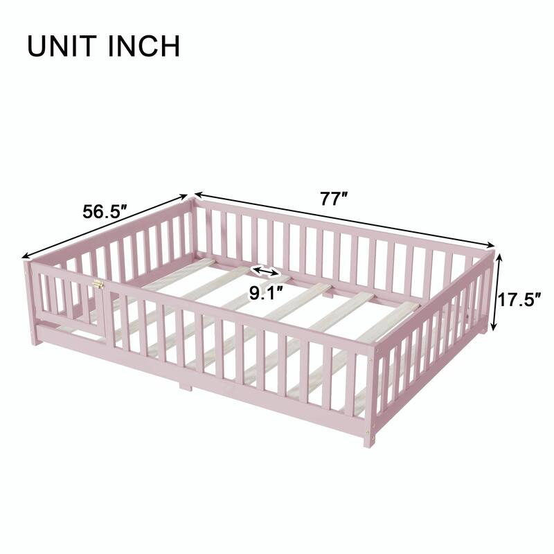 Floor Bed with Fence and Door, Rubber Wood Floor Bed with Safety Guardrails