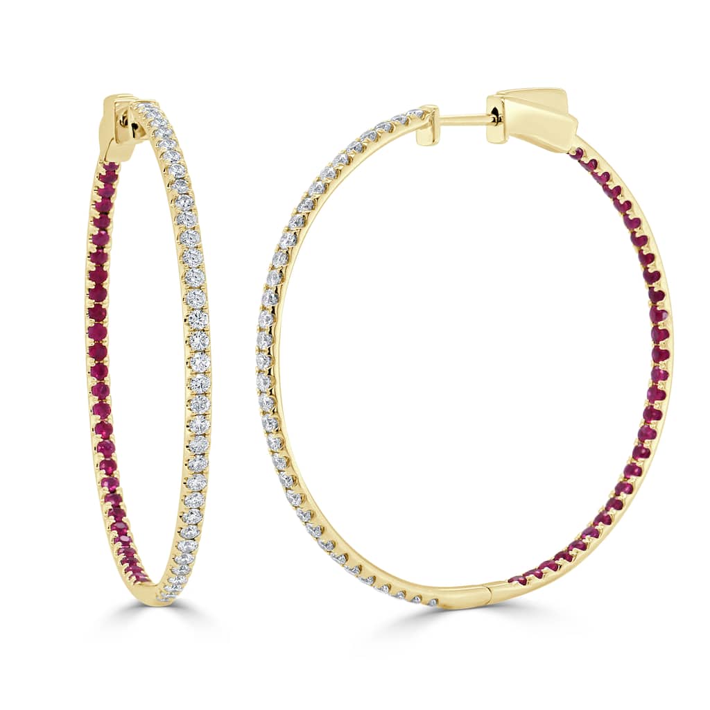 Joelle Collection Ruby & Diamond Hoop Earrings 14K Gold 1.75 inches