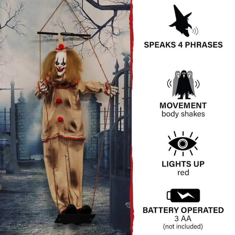 Haunted Hill Farm 55-In. Smalls the Animated Swinging Clown, Indoor or Covered Outdoor Halloween Decoration