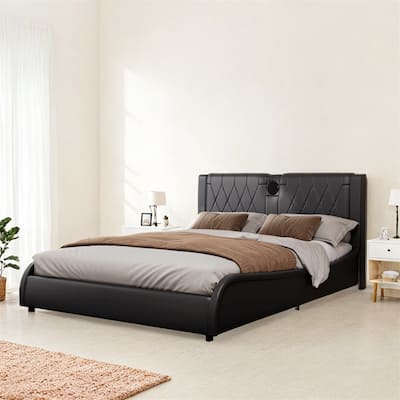 Queen Size Luxurious Faux Leather Upholstered Platform Bed w/Headboard