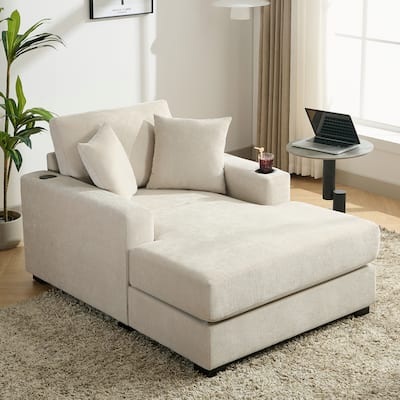 43.5" Chenille Fabric Chaise Lounger Sofa Couch with Pillows, Charge Station & Cup Holders