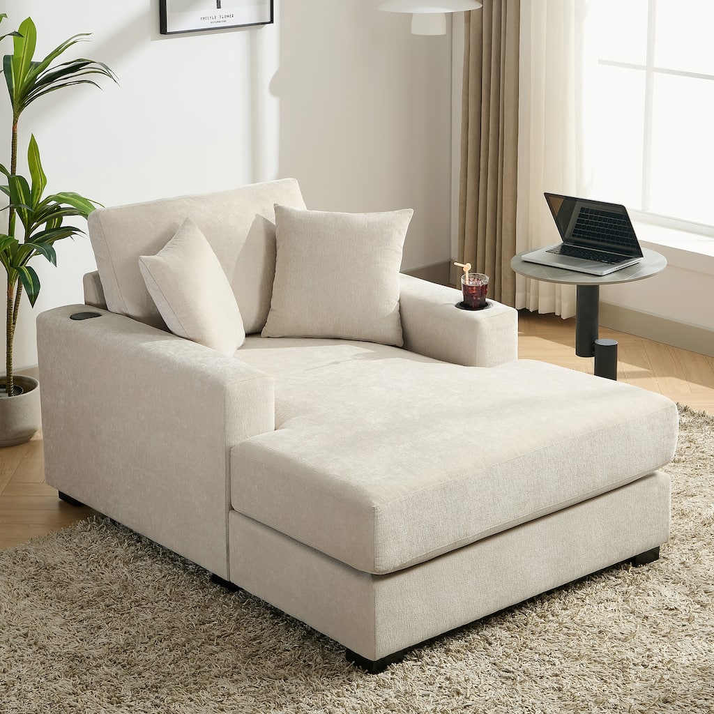 43.5" Chenille Fabric Chaise Lounger Sofa Couch with Pillows, Charge Station & Cup Holders