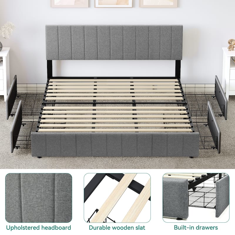 King Upholstered Platform Bed with 4 Drawers